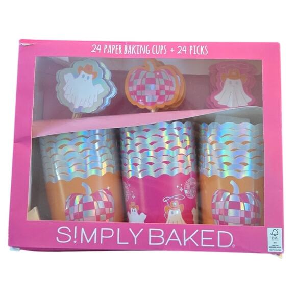 48pc Halloween Pink Cowboy Ghost Themed Cupcake Baking Cups & Picks Set NEW - Picture 1 of 6